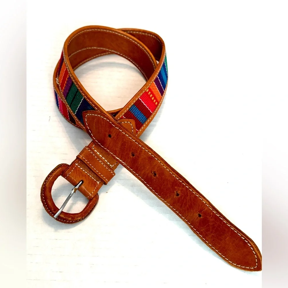 Vintage Handmade Leather and Colorful Woven Tapestry Women's Belt Sz 34 Med